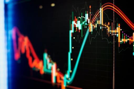 Graphical representation of volumes and time intervals of digital cryptocurrency up indicating crypto rising in value.