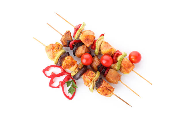istock Tasty chicken shashlik isolated on white background 2129841767