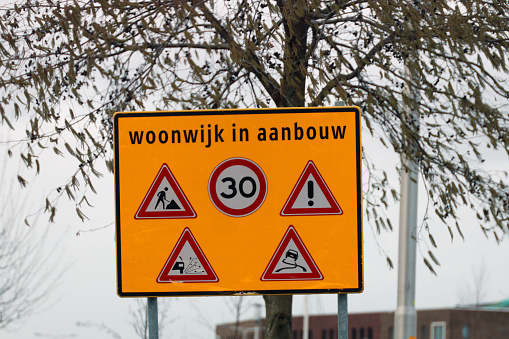 Sign residential area under construction for new housing estate Gouda westergouwe in the Netherlands