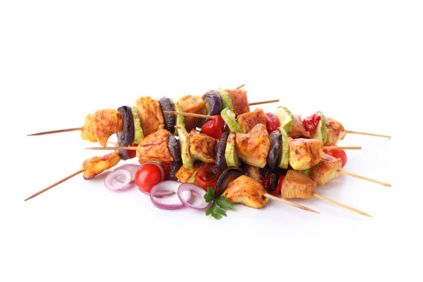 istock Tasty chicken shashlik isolated on white background 2129845718