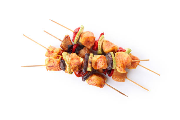 istock Tasty chicken shashlik isolated on white background 2129846549