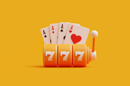 A vibrant orange slot machine displaying the jackpot number 777 with a winning hand of aces in the background. 3D render illustration