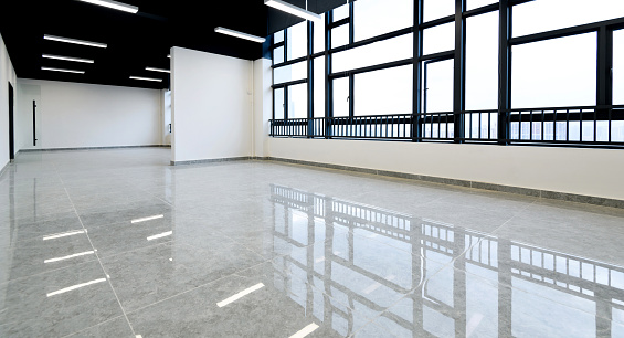 Empty interior white room with large glass windows