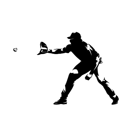 Baseball player catching ball, isolated vector silhouette, side view
