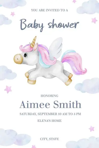 Vector illustration of Cute baby shower invitation for girls. Greeting card with fairytale unicorn,clouds and stars. New born celebration. Template of newborn's party invitation. Watercolor hand drawn illustration.