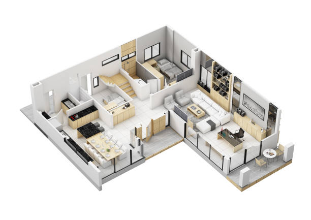 istock Floor plan top view. House interior isolated on white background. 3D render 2129874691