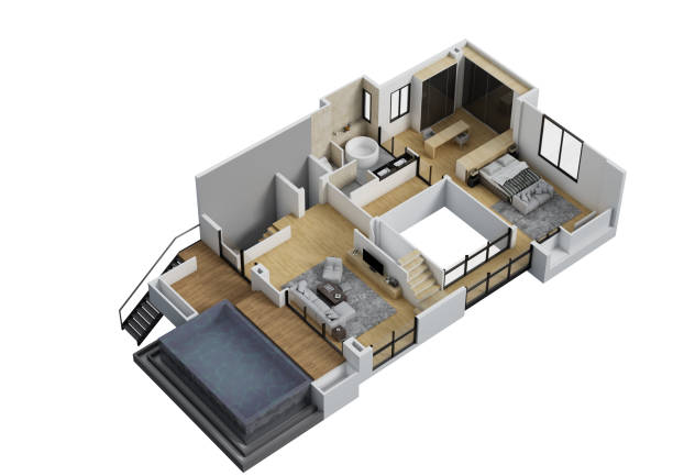 istock Floor plan top view. House interior isolated on white background. 3D render 2129874697