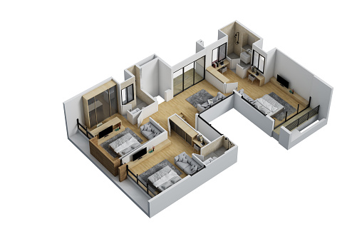 Floor plan top view 3d rendering. House interior isolated on white background. 3D rendering.