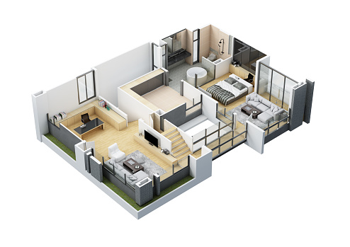 Floor plan top view 3d render. House interior isolated on white background. 3D rendering.