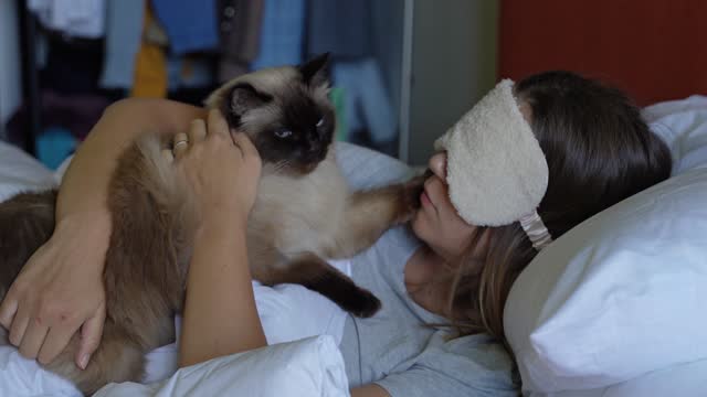 A fluffy cat wakes up a sleeping woman in the morning, a blonde woman sleeps with an eye mask on her head