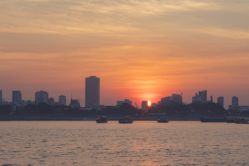 Sunset on Tonle Sap River, Mekong River in Phnom Penh City, Cambodia