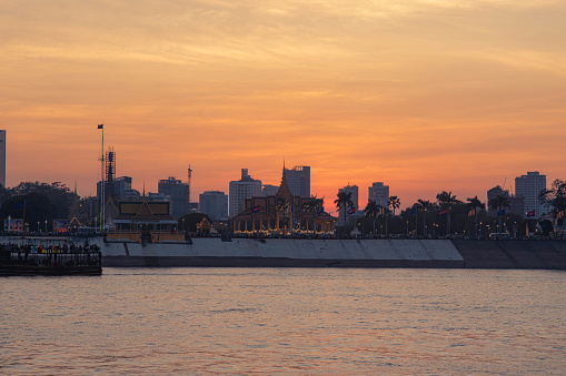 Sunset on Tonle Sap River, Mekong River in Phnom Penh City, Cambodia