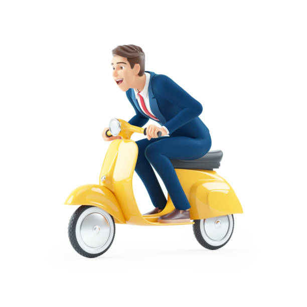 3d cartoon businessman riding a scooter 3d cartoon businessman riding a scooter, illustration isolated on white background cartoon motorcycles pictures stock pictures, royalty-free photos & images