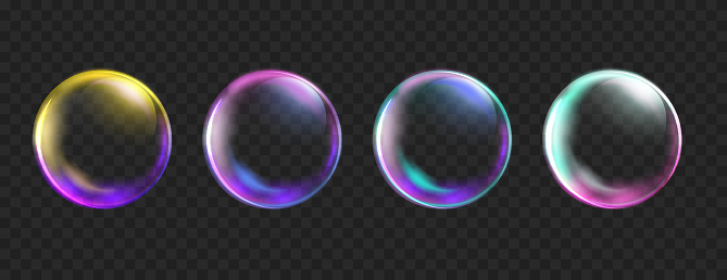 Colorful Bubbles isolated on black background. Realistic transparent neon soap bubble with glares. Shiny bright soapy circles.