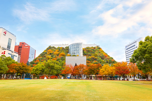 Fukuoka, Japan - Nov 21 2022: ACROS Fukuoka is a conventional office building with a huge terraced of a park. The garden reaches 60 meters above the ground