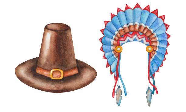 Watercolor set of illustrations. Hand painted brown pilgrim hat, golden buckle. Indian headdress. Hat with bird feathers, blue, red. Native Americans headwear. Thanksgiving Watercolor set of illustrations. Hand painted brown pilgrim hat, golden buckle. Indian headdress. Hat with bird feathers, blue, red. Native Americans headwear. Isolated clip art for Thanksgiving war bonnet stock illustrations