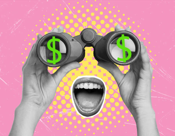 istock Art collage, hand with binoculars and money on the lenses. 2129907960