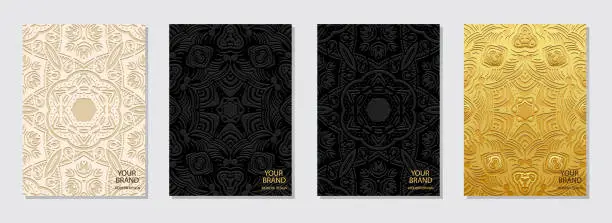 Vector illustration of Set of covers, vertical templates. Decorative collection of relief, geometric backgrounds with ethnic 3D patterns. Doodling, handmade, boho. Vintage exoticism of the East, Asia, India, Mexico, Aztec.