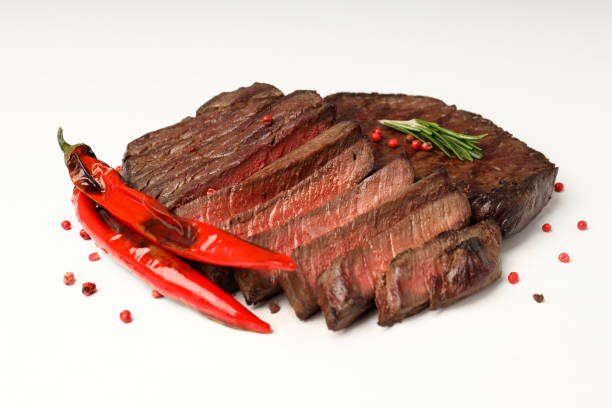 istock Roasted beef steaks on white background, close up 2129915802