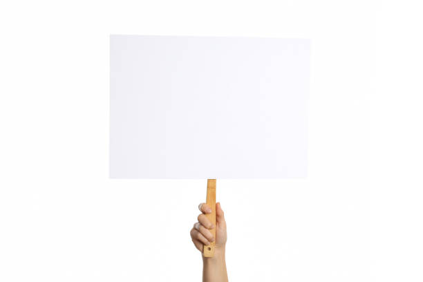 istock Female hand holds protest sign, isolated on white background 2129919956