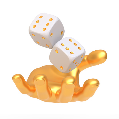 Captured in mid-toss, a golden hand flings a pair of white dice with golden spots isolated on a white background, a scene of chance and prosperity. 3D render illustration