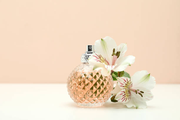 istock Composition with bottle of female perfume, close up 2129927842