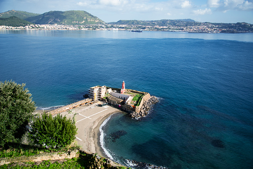 Baia, Naples, Campania, Italy. Lighthouse beach from the terrace of the Aragonese castle.