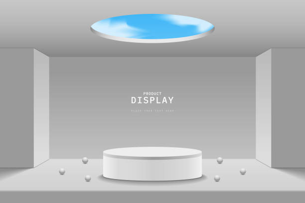 istock White grey 3D cylinder podium pedestal realistic with clouds blue sky in circle round window on ceiling and rectangle pole, Sphere balls. Minimal scene for mockup. Showcase. 3D vector rendering. 2129933654