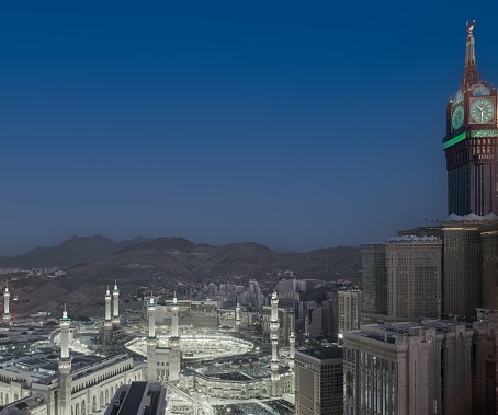 Masjid al-Haram and its surroundings from the top at the time of  Maghrib Prayer. The clock tower and its complex are seen on the right