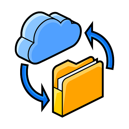 Folder and cloud icon in isometry. Updating information and files. Image for website, app, logo, UI design. Line art illustration.