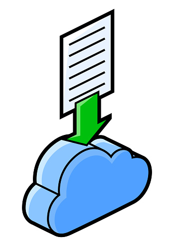Cloud and paper icon in isometry. Uploading information and files. Image for website, app, logo, UI design. Line art illustration.