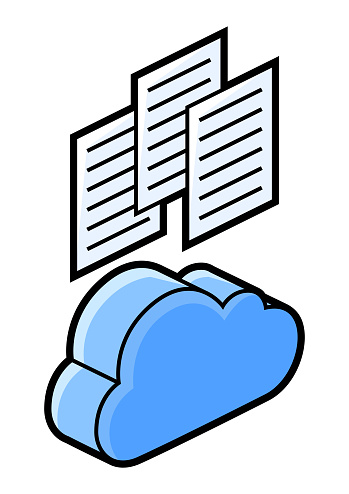 Cloud and paper icon in isometry. Storage of information and files. Image for website, app, logo, UI design. Line art illustration.