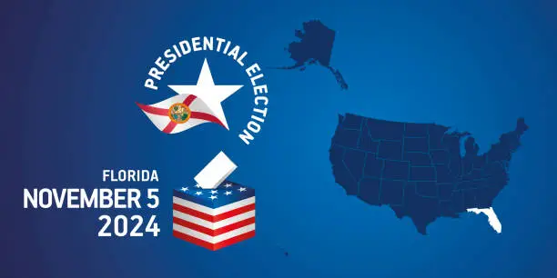 Vector illustration of USA Presidential election November 5, 2024. Voting Day 2024 in Florida. USA elections 2024. Florida flag USA stars with USA flag, map, ballot box and ballot on blue background