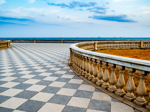 Amazing view of Terrazza Mascagni, historical belvedere terrace famous for its paved checkerboard surface, Livorno, Tuscany, Italy