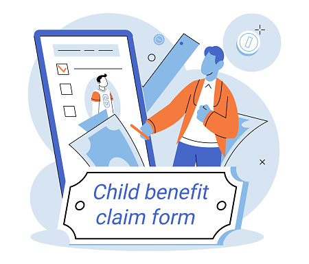 Child benefit. Vector illustration. Financial assistance through child benefits provides capital for families to support their children The child benefit program gives financial aid to families