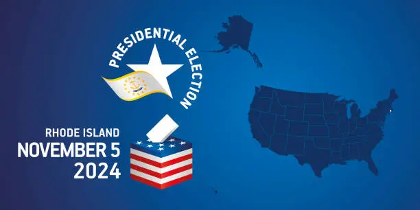 Vector illustration of USA Presidential election November 5, 2024. Voting Day 2024 in Rhode Island. USA elections 2024. Rhode Island flag USA stars with USA flag, map, ballot box and ballot on blue background