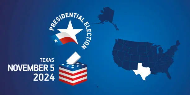 Vector illustration of USA Presidential election November 5, 2024. Voting Day 2024 in Texas. USA elections 2024. Texas flag USA stars with USA flag, map, ballot box and ballot on blue background