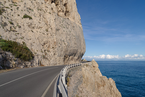 The stunning high altitude cliffside road along the coastline of Liguria, Italy
