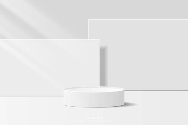 istock Abstract minimal scene for product mockup. White 3D cylinder pedestal stage podium with rectangle geometric shape backdrop. platform for showcase. 3D vector rendered for cosmetic product. 2129982722