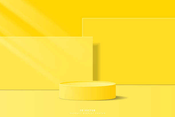istock Abstract minimal scene for product mockup. Yellow 3D cylinder pedestal stage podium with rectangle geometric shape backdrop. platform for showcase. 3D vector rendered for cosmetic product. 2129983248
