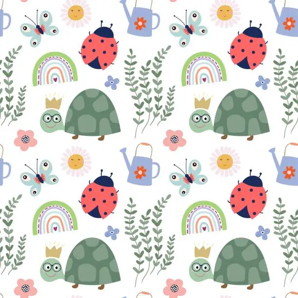 Vector illustration of Childish seamless pattern with cute design for kids, turtles, ladybirds, butterflies and rainbows