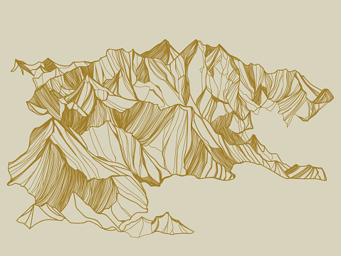 An abstract, stylized depiction of a rocky mountain range. It features a series of jagged, uneven peaks and valleys, rendered in a minimalist and modern style. The outline emphasizes the rugged beauty of mountain landscapes, making it ideal for a wide range of applications, from logo designs to background illustrations. The simplicity of the lines allows for easy customization, enabling designers to adapt the template to various creative projects while capturing the essence of nature's majestic mountains.