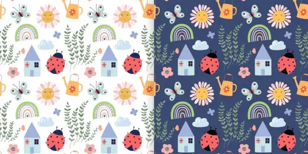 Vector illustration of Spring summer seamless patterns set with ladybird and seasonal elements, decorative wallpaper