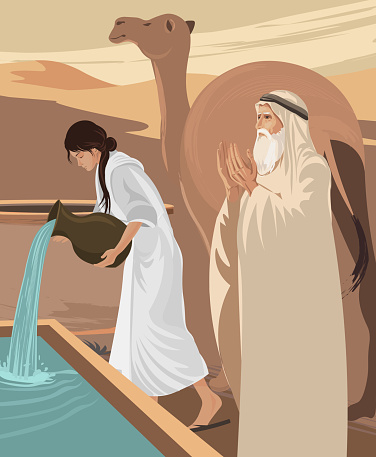Rebekah giving water to Abraham's servant, camels Bible Genesis 24: 17-20