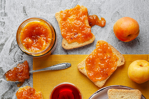 Apricot Jam, Toasted Bread, Breakfast, Preserves, Orange - Fruit, Food and drink, Marmalade, American Culture, Baked, Bread, High Angle View