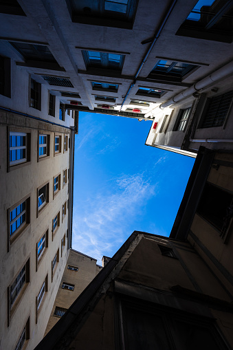 Traboule in the Croix-Rousse district in Lyon seen towards the sky