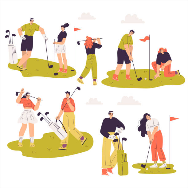 people characters golf playing training with golf clubs on green grass vector illustration set - golf green practicing sports training点のイラスト素材／クリップアート素材／マンガ素材／アイコン素材