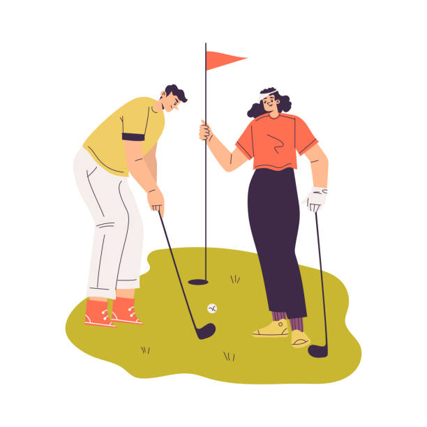man and woman character golf playing training with golf clubs on green grass vector illustration - golf green practicing sports training点のイラスト素材／クリップアート素材／マンガ素材／アイコン素材