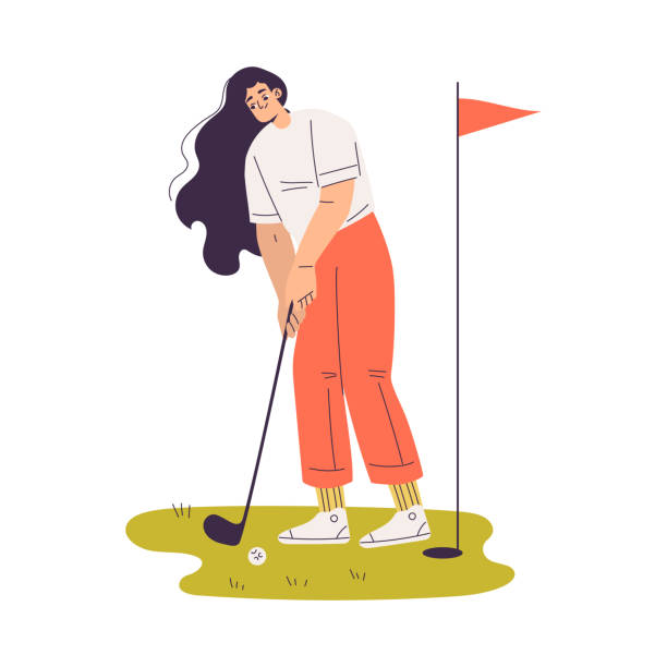 woman character golf playing training with golf club on green grass vector illustration - golf green practicing sports training点のイラスト素材／クリップアート素材／マンガ素材／アイコン素材