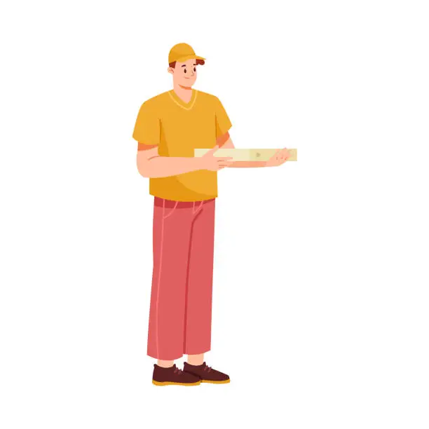 Vector illustration of Goods Delivery with Man Carrier or Courier in Cap Working Carry Pizza in Cardboard Box Vector Illustration